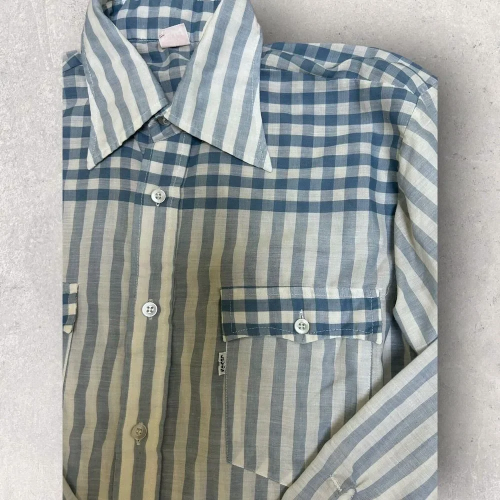RARE Vtg 70s Levis Western Stripe Button Up Shirt Blue Size L White Tab USA Made